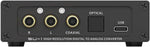Fanmusic SMSL SU-1 digital-to-analog converter rear interface panel highlighting the RCA outputs, coaxial, optical, and USB inputs.