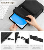 Dadanism tablet travel sleeve tucked inside a travel backpack demonstrating its slim form factor and compatibility