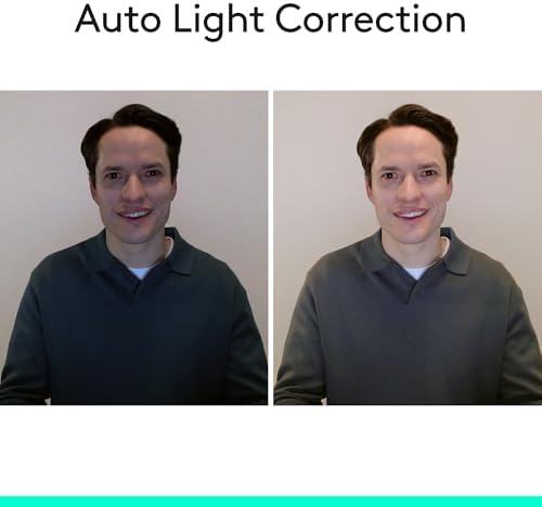 Logitech black streaming webcam demonstrating automatic light correction technology in a dim home office setup.