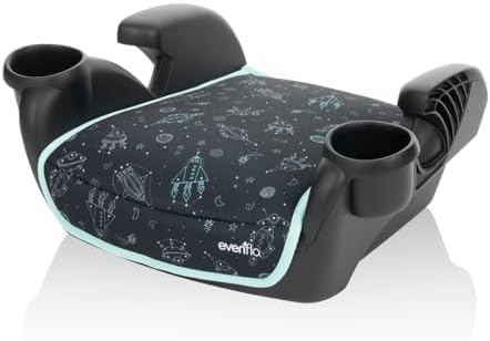 Evenflo GoTime No Back Booster Car Seat side angle highlighting the contoured cushioning and lightweight base.