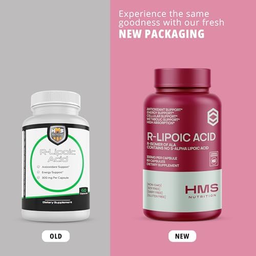 Side view of HMS Nutrition nerve and metabolism support supplement bottle with clear allergen information