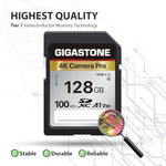 Gigastone 128GB memory card displayed alongside compatible digital cameras
