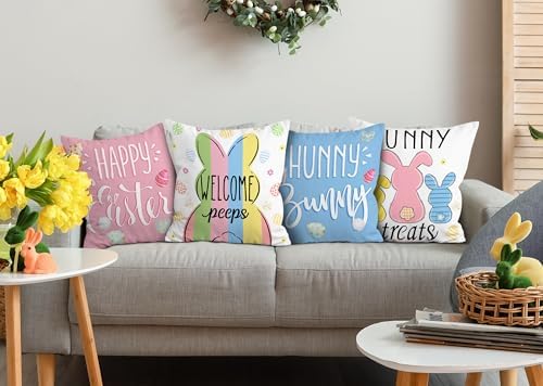Hexagram festive cushion cases close up showing the blue and pink buffalo plaid patterns and bunny details.