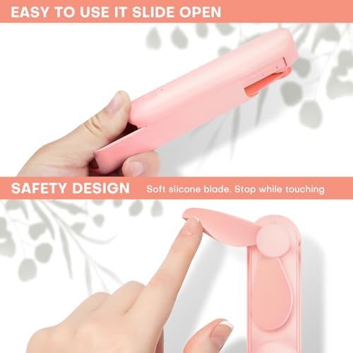 Nezylaf travel fan stored inside a women cosmetic bag showing ultra-compact dimensions