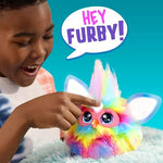Close up of Furby Tie Dye face and heart gem button