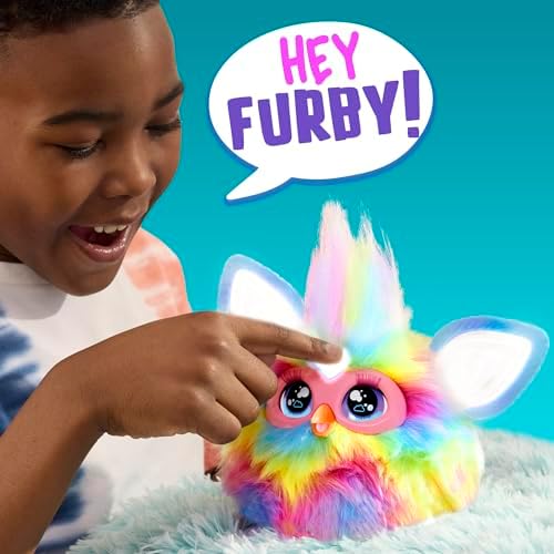 Close up of Furby Tie Dye face and heart gem button