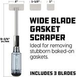 Powerbuilt automotive engine scraper showing three interchangeable blades in two inch, one and a half inch, and one inch sizes