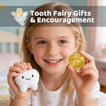 Soft plush tooth charm with beaded chain attachment.