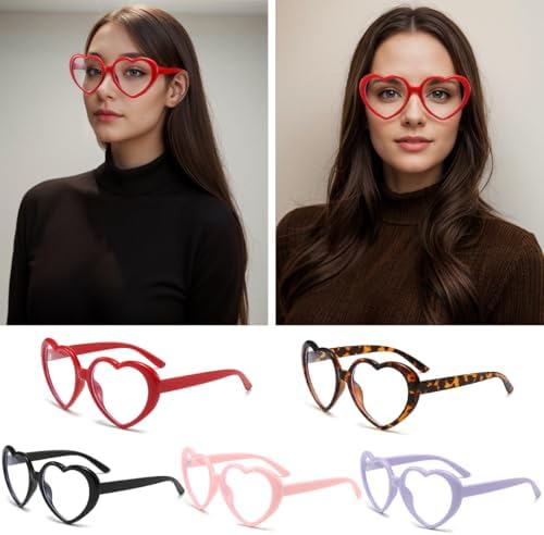 Detail of red retro heart frame glasses
