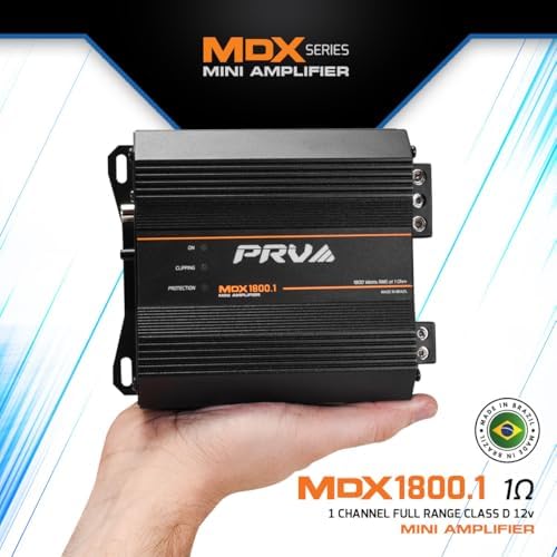 PRV Audio 1 channel 1800 Watts RMS monoblock amplifier showing the side power and ground connection terminals.