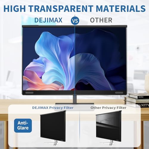 DEJIMAX computer monitor privacy panel showing glare reduction comparison