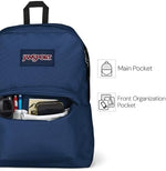 JanSport 26 liters black daypack showing front utility pocket with organizer open