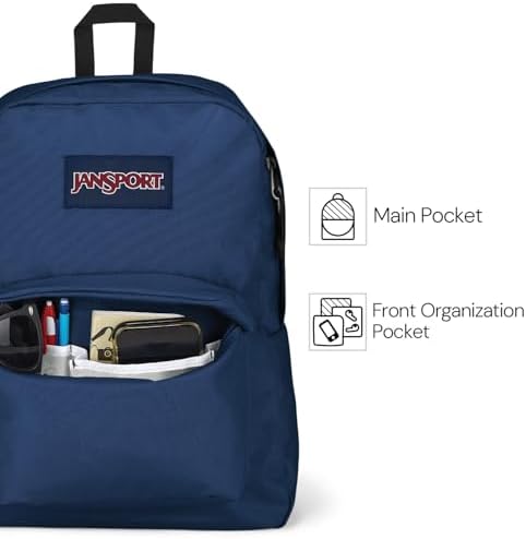 JanSport 26 liters black daypack showing front utility pocket with organizer open