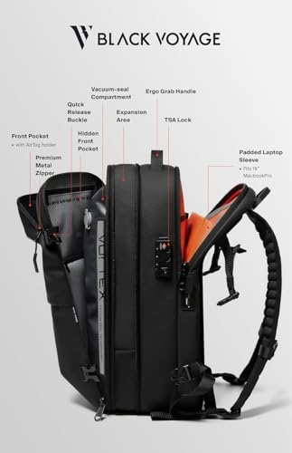 BlackVoyage 60 Liters compression backpack interior layout highlighting the 19 Inch laptop sleeve.