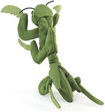 Side profile of the seven inch miniature praying mantis plush highlighting the six legs.