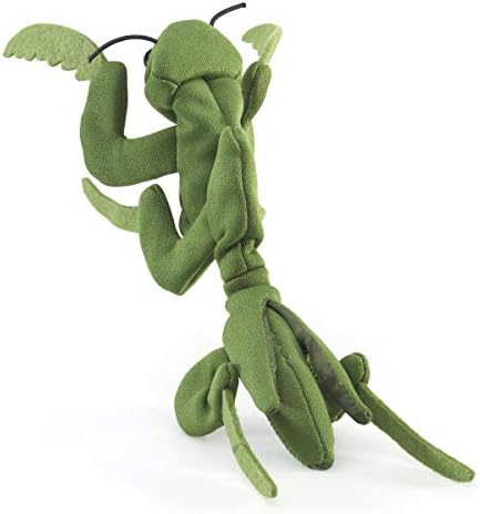 Side profile of the seven inch miniature praying mantis plush highlighting the six legs.