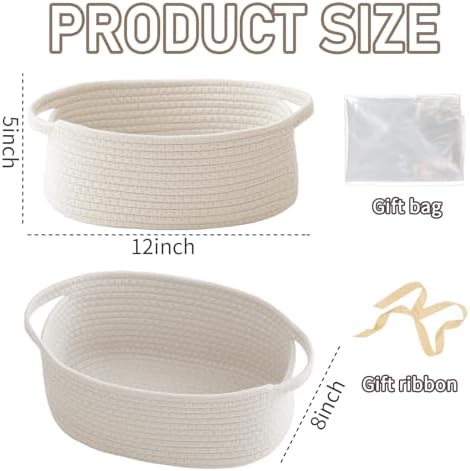 Two pack of white handwoven decorative gift baskets arranged on a wooden closet shelf for organization