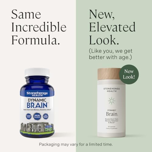 Side angle of Stonehenge Health Dynamic Brain capsules bottle focusing on the USA manufactured details.