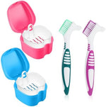 2 Pack Denture Brush Denture Bath Case Cup Retainer Cleaner Holder Box False Teeth Soaking Container Dental Bath Storage Box Case with Strainer Basket for Travel, Camping, Office (Blue+Pink) - Image 2
