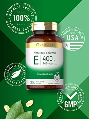 Close up view of Carlyle high potency Vitamin E quick release softgels for skin health