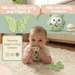 Bornealand early development infant bundle focusing on the colorful children board book and sensory butterfly silicone fidget toy.