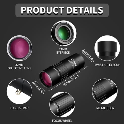 Olimt compact handheld telescope showing the multi coated 32mm objective lens elements.