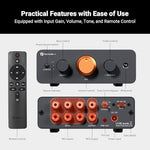 Fosi Audio P4 compact preamplifier showing sleek minimalist aluminum chassis construction.