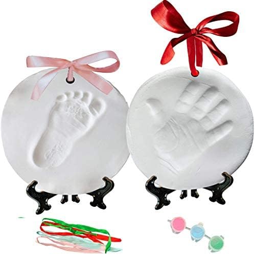Novarena baby handprint kit front view showing finished clay impression on display easel.