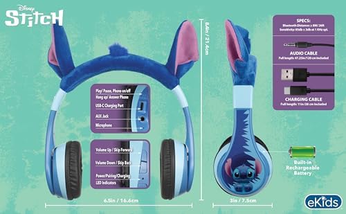 eKids Stitch wireless volume limited earphones plush ear cushions detailed view