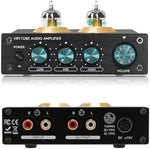Fancywhoop audiophile preamplifier top perspective highlighting the dual JAN5654 vacuum tubes glowing warmly.