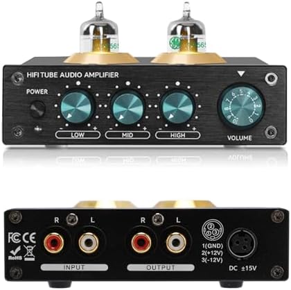 Fancywhoop audiophile preamplifier top perspective highlighting the dual JAN5654 vacuum tubes glowing warmly.