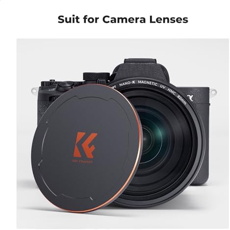 K&F Concept 2-in-1 magnetic metal lens cap detached next to professional camera setup