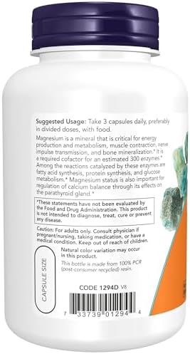 Side view of NOW Foods Magnesium Citrate showing non GMO and vegetarian product certifications