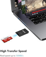 Lexar microSDXC flash memory card with included black SD adapter for laptop compatibility.