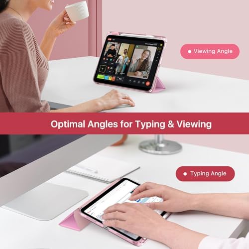 MoKo lightweight smart cover angled in a low ergonomic position for comfortable typing.
