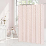 Angle view demonstrating the heavy-duty drape and texture of the bohemian minimalist cloth shower curtain.