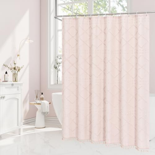 Angle view demonstrating the heavy-duty drape and texture of the bohemian minimalist cloth shower curtain.