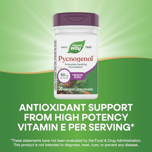 Side angle of Nature's Way Pycnogenol dietary supplement bottle showing allergen free icons.
