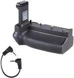 FocusFoto EG-E1 replacement vertical grip showcasing the external signal transferring cable linked to the camera body side port.