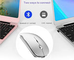 Silver rechargeable wireless laptop mouse displaying side angle with dual mode connectivity indicators.