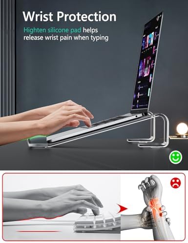 Side angle view of the transparent computer riser showing the two point seven inch ergonomic elevation height