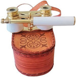 Handmade white resin opera binoculars with foldable handle extended for viewing