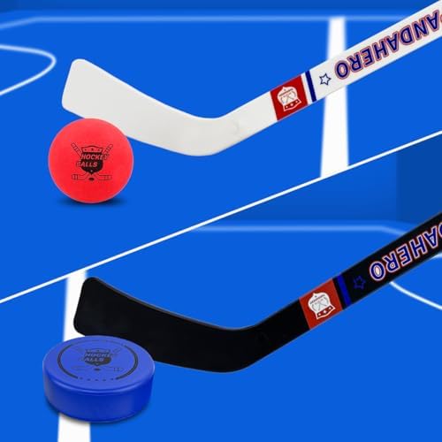 Packaging contents display of the screen free multiplayer mini hockey kit for kids
