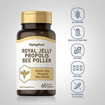 Vegetarian non-GMO gluten-free bee pollen and royal jelly caplets container side display