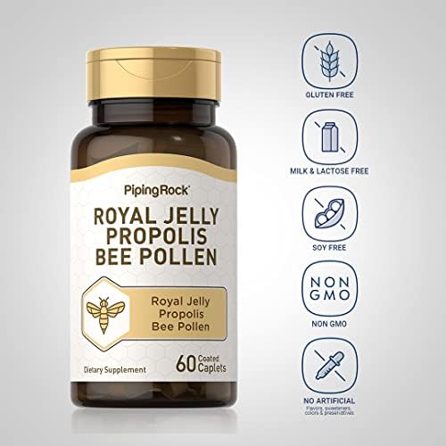 Vegetarian non-GMO gluten-free bee pollen and royal jelly caplets container side display