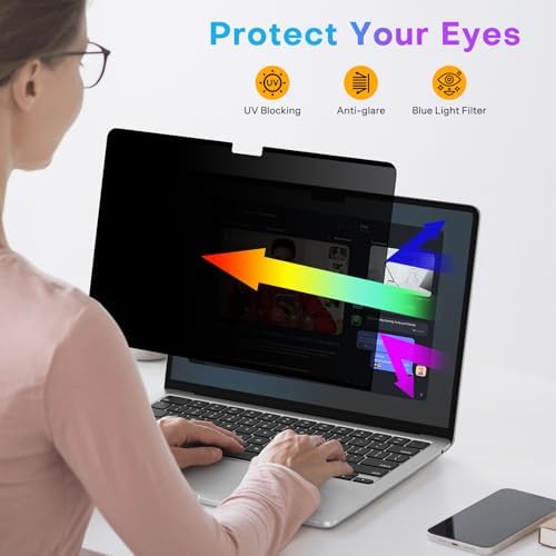 OMOTON blue light blocking filter shielding eyes from harmful screen emissions during work.