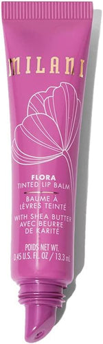 Milani plant based high shine glossy pink tinted lip balm tube with floral design.