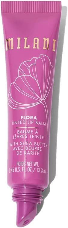 Milani plant based high shine glossy pink tinted lip balm tube with floral design.