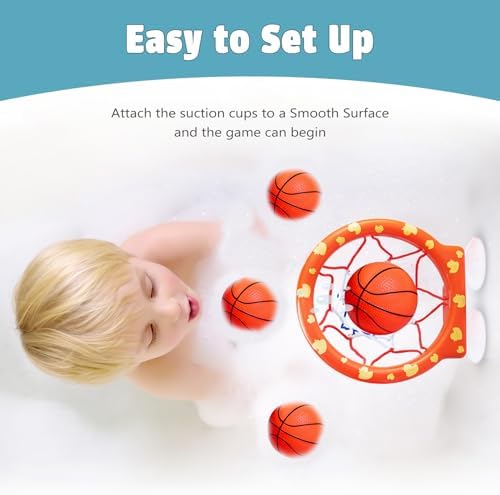 Child shooting a ball into Marppy bathtub basketball hoop