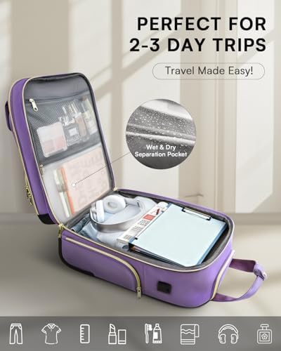 Arcoyard rolling laptop bag purple showing extended ergonomic handle and leather grip